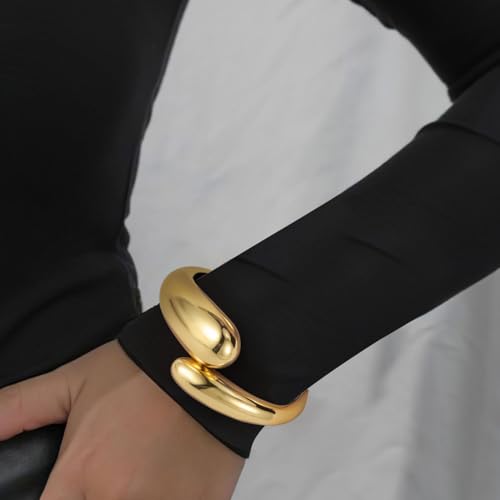 Emibele Gold Bangle Cuff Bracelet Stack, Chunky 18K Gold Plated Teardrop Hinged Thick Bangle Bracelet Set, Non Tarnish Bracelets for Women, 2 Pack, Gold by Emibele - Used condition - Image 3