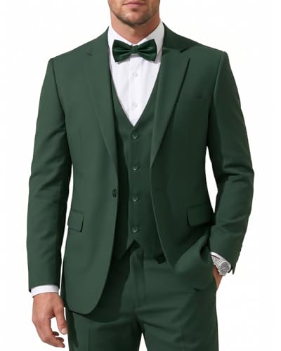 Men's 3-Piece Slim Fit Suit with Bow Tie, Single Button Blazer Vest Pants Set for Wedding Business, Formal Suit for Men Dark Green