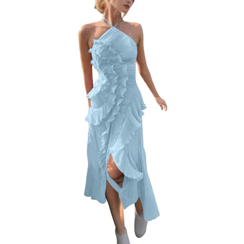 Robe mi-longue en mousseline de soie avec col en V et finitions volants haut de gamme