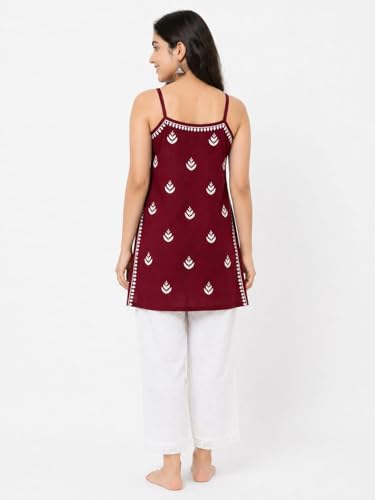 Image of Women's Chikankari Rayon Top Sleeveless Strappy Kurti | Embroidered A-Line Tunic for Women | Summer Ethnic Casual Wear Top with Spaghetti Straps