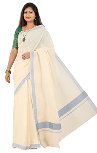 Image of Women's Kerala Traditional Cotton Kasavu Saree with Running Blouse | Sari for Weddings, Festivals, Temple Visits, Onam Vishu & Regular Wear