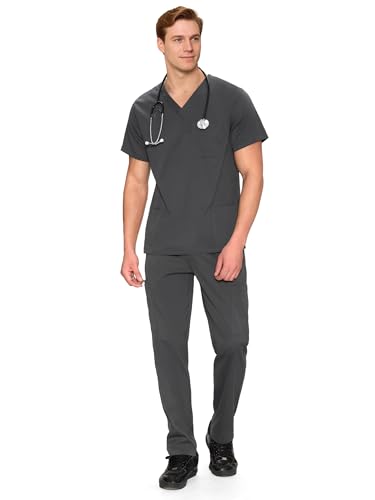 COZYFIT Scrubs for Men Set - V-Neck Scrub Top and Straight Leg Pants with 11 Pockets Elastic Drawstring Men Scrubs set Dark Grey M