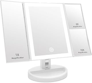 Auxmir Lustro do makijażu z powiększeniem 1X/5X/10X, potrójne lusterko z 34 diodami LED i ekranem dotykowym, obrotowe lusterko powiększające 180° z funkcją automatycznego, podwójne zasilanie