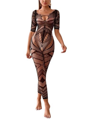 Women Sexy Crotchless Underwear Hollow Lingerie Bodysuit Babydoll Striped Mesh Teddy Sleepwear Half-Sleeves Bodystocking