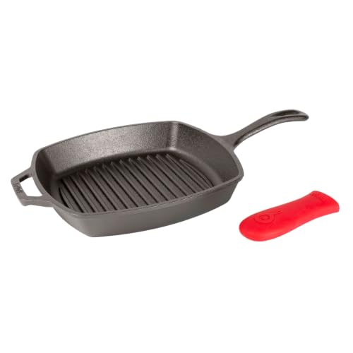Lodge Square Cast Iron Grill Pan 10.5 Inches - Pre-Seasoned Square Skillet - Ridged Burger Grill Pan - Even Heat Distribution - PFAS-Free Non-Toxic Cookware