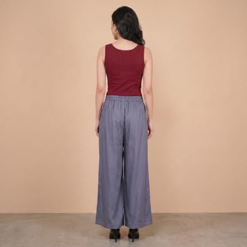 Image of FASHION GALLERY Women's Solid Rayon Palazzo Pants | Relaxed Fit Full Length Wide Leg Palazzo | Elastic Waist Comfortable Casual Lounge Office Ethnic Flared Trousers for Women