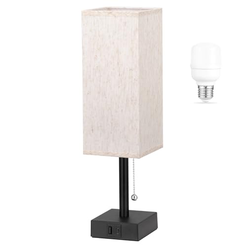Image of aooshine Pull Chain Small Table Lamp - 3 Color Temperature Bedside Lamp for Bedroom with USB Port, Minimalist Nightstand Lamp with Black Base, Desk Lamp for Kids Room Dorm, Bulb Included | Pull Chain Switch, LED Bulb Included, Cream Fabric Shade, 14.7 inch Small Table Lamp for Nightstand, Desk, Dorm, Office