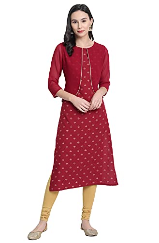 Image of Janasya Women's Maroon Jacket Style Poly Crepe Kurta