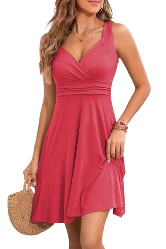 EFexous Womens Wrap V Neck Sleeveless Sundress Summer Flare Tank Dress Watermelon Red
