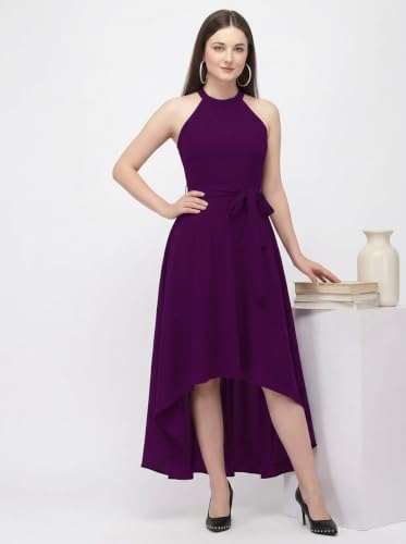 Image of Women Fit & Flare High Low Midi Dress | Sleeveless Round Neck One Piece Dress with Waist Tie Detail | Flowy Western Dress for Party and Casual Styling