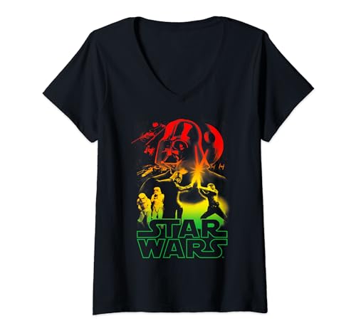 T-shirt Star Wars femme col V imprime portrait de groupe retro en couleur