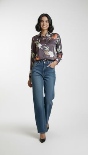 Image of Amazon Brand - INKAST Women Abstract Floral Printed Spread Collar Long Sleeves Casual Cami Shirt