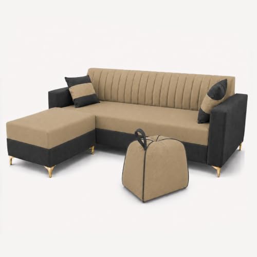 Image of FURNY Signature Regalia 4-Seater L-Shape Sofa Set with Movable Ottoman & Suri Pouf | Flexible LHS /RHS Layout | Boston Fabric | 40D Foam + Zigzag Spring | 3-Yr Warranty (Steel Grey -Beige)