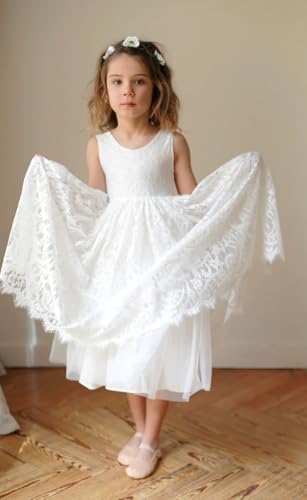 Boho Lace Flower Girls Dress Fancy Tea-Length V-Back Girls Birthday Party Dresses Sleeveless Kid's Formal Wedding Party Dress4