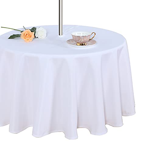 Fitable Table Cover Outdoor and Indoor Tablecloth - Washable Waterproof Wrinkle Free Table Cloth with Zipper and Umbrella Hole for Spring/Summer/Party/Picnic/BBQS/Patio White 60R