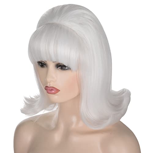 ATAYOU Vintage White Bouffant Beehive Wig with Pearl Headband, 60s Retro Halloween Cosplay Wig with Bang, White 719, 12'' - Image 4
