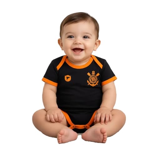 Body Infantil Mesversário Times de Futebol, para Bebês, com Botões de Pressão, Presente para Chá de Bebê (P, Corinthians Laranja)