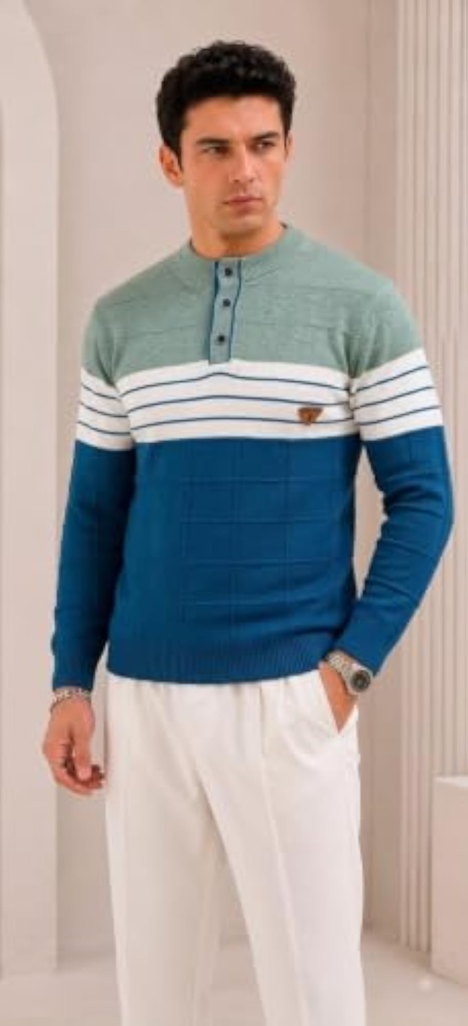 Striped Buttoned Neck Sweater for Winter Wear