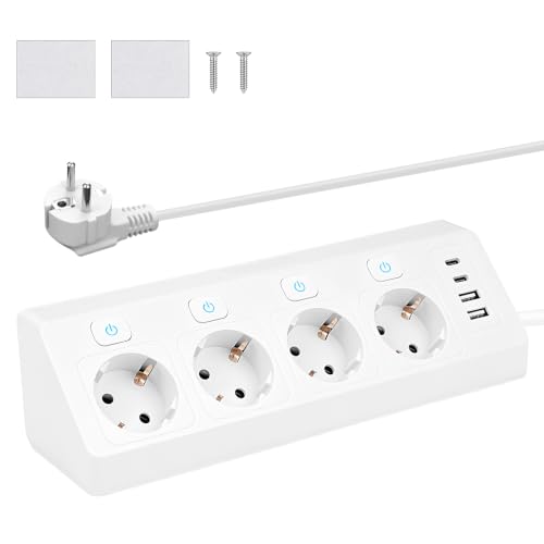 Regleta de esquina de 4 enchufes con interruptores individuales y 4 puertos USB tipo C