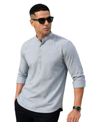 Image of Majestic Man Men's Pure Cotton Solid Mandarin Collar Slim Fit Roll-Up Sleeves Short Kurta Lightweight Summer Kurta for Daily & Occasion Use