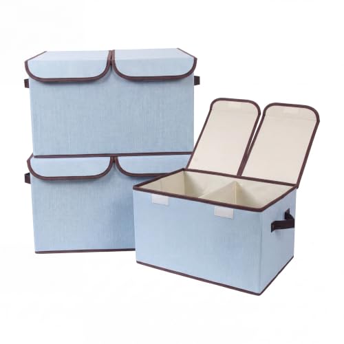 Tcbelosion Foldable Fabric Storage Box, 16.5 x 11.8 x 9.8 inches (L x W x H), with Double-Lid & Dividers, Large Organizer for Home, Closet, Office (Sky Blue, 3 Packs)