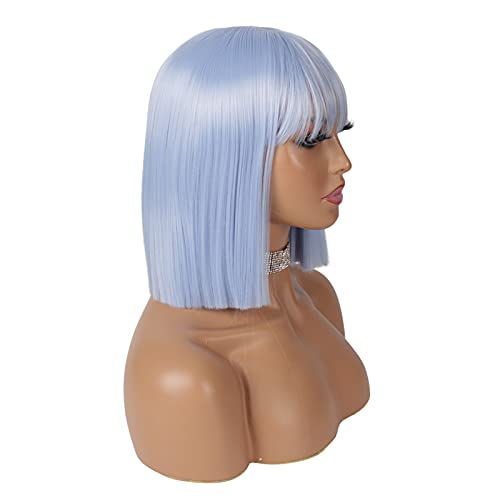 DIAMOND QUEEN Light Blue Short Straight Bob Wig With Bangs Plus Silicone Wig Grip Head Band Women Synthetic Hair Wig Light Blue Heat Resistant Hair