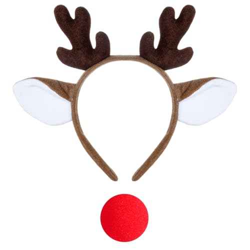 Image of Yolyoo 2Pcs Reindeer Deer Antlers Headband and Red Nose Deer Reindeer Costume Set Cute Antler Head Bands for Christma Cosplay Party (Brown+Red)