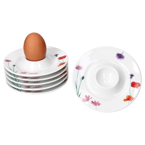 MamboCat 6er Set Marie Eierbecher mit Ablage I 6 Personen I Ø 13,2cm I runde Porzellan-Eierbecher mit Blumenwiese-Dekor für das Frühstücksei I Flache Eierbecher für Brunch & Buffet