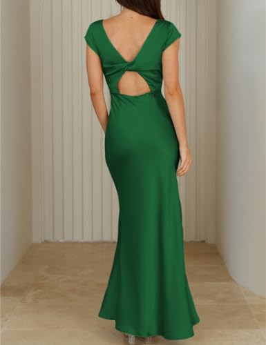 Image of Halfisland Womens Summer Satin V Neck Cap Sleeve Midi Dress Wedding Guest | 2026 Summer,Backless,Hollow Out,Long,Formal,Cocktail,Twist,Bridesmaid,Party,Baby Shower,Short Sleeve,Beach,Elegant,Evening