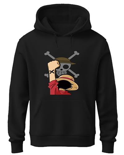Image of Khakey Black Colour Mens Hoodie | Cotton Solid Sweatshirt with Hood | Onepiece Monkey D Luffy | Anime Hoodies for Men