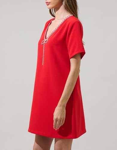 Image of YEXPINE Women's V Neck Shift Mini Dress Short Sleeve Bow Glitter Rhinetone Dress Sexy Party Cocktail Short Dress
