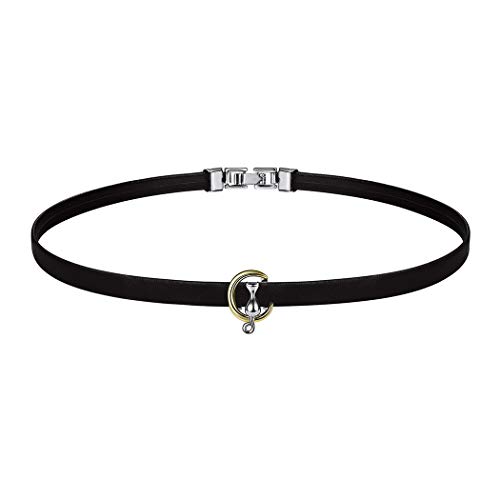 SILVERCUTE Cat on the Moon Open Ring Adjustable Cute Kitten Sterling Silver Ring (Leather Choker Necklace)