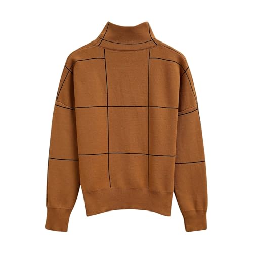 CHICWISH Women's Fall Turtleneck Sweater Pullover Plaid Long Sleeve Casual Knitted Winter Checkered Sweaters Tops3