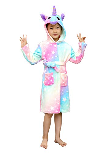 Kids Unicorn Hooded Robe Animal Pajamas Flannel Bathrobe Children Sleepwear Unicorns Gifts (YXHTM, 5-6 Years)