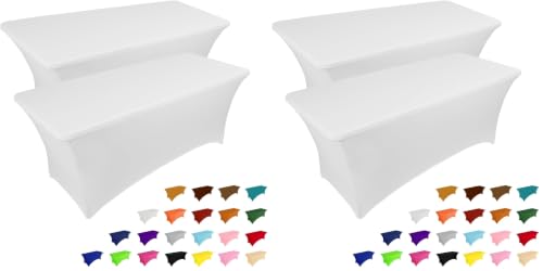 Image of IVAPUPU 4 Pack 6FT Table Cloth for Rectangular Fitted Events Stretch White Table Covers Washable Spandex Spring Tablecloth Protector for Party, Wedding, Cocktail, Banquet, Festival