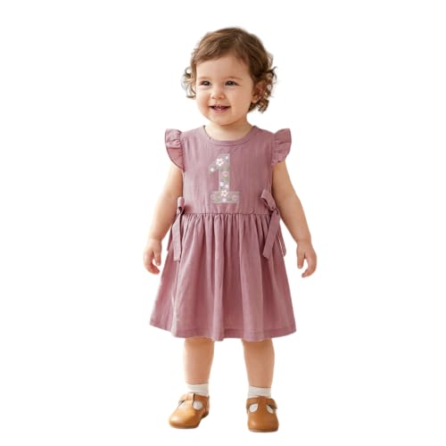 1.Geburtstag Mädchen Kleid Baby für 12-18 Monate Kleider Erstes Geburtstags Partykleid Sommer Ärmellos Strandkleid Blumen Bestickt Freizeitkleid Kleinkind Schnüren Rüschenkleid(12Monate Dunkelrosa)