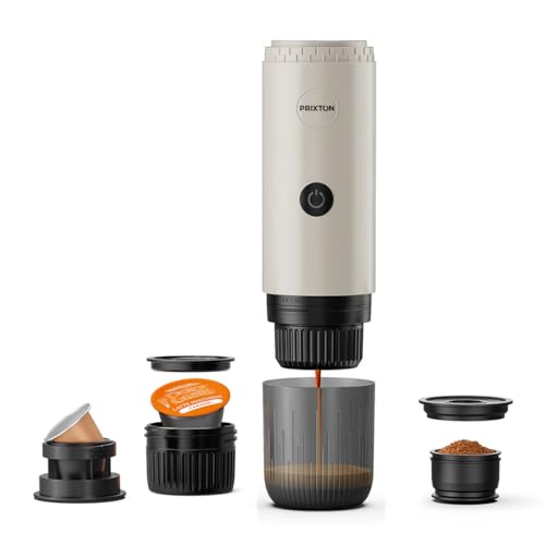 PRIXTON Cafetera Espresso Portátil Roma, Compatible con Café Molido y Cápsulas, 19 Bares de Presión, Potencia de 80 W, Depósitvo de 80 ml, Auto-apagado de Seguridad, Adaptadores Incluidos (Crema)