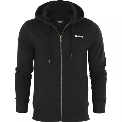 Firetrap Original Mens Designer Classic Full Zip Thru Hoodie Hooded Sweatshirt Jacket Jumper Deep Black L