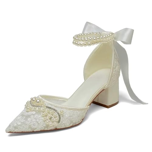 Block Heel Wedding Shoes for Bride Pointed Toe Lace Pearl Bridal Heels-Ivory-8.5