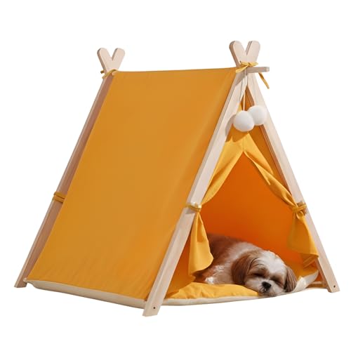 DreamDen Wooden Tent for Dogs and Cats with Bed, Cushion, Mat & Breathable Light-Blocking Curtain – Portable Wooden Frame Shelter for Small Pets – Stylish Pet House (Sunset) (Sunset)