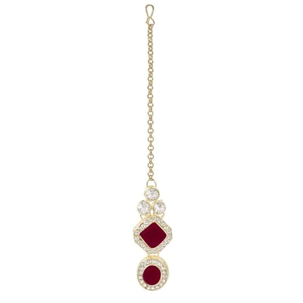 TANAIRA Maroon Color Stones Choker Necklace Earrings Maangtika Set For Women & Girls/Gold Color crystal Bridal Jewellery Set for Wedding |Birthday Gift for girls and women Anniversary Gift for Wife - Image 6