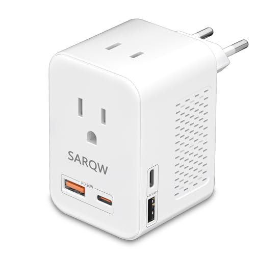 220V to 110V Voltage Conversion Plug Adapter for Traveling from USA to Europe with 2 USB and 2 USBC Ports PD 20 W, 2 AC Outlets International Power Adapter