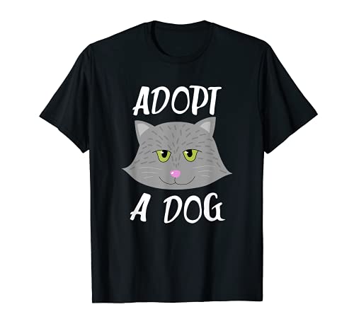 Funny Adopt a Dog Slogan with Cat Face Graphic T-Shirt, Black