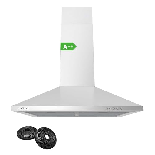 CIARRA A++ Pyramide Dunstabzugshaube 60 cm Umluft 370 m³/h Edelstahl mit CBCF002X2 Kohlefilter 3 Leistungsstufen Wandmontage Abzugshaube Wandhaube Silber