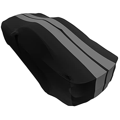 Image of SR1 Performance USA Mustang Indoor Car Cover 2005-2024 - Ultraguard Stretch Satin Custom Fit, Dust Cover, Breathable Scratch-Resistant Sport Series Stripe (Black /Gray)