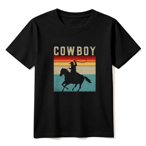 Cowboy Shirts for Boys Vintage Western Style Denim Graphic Cotton Crew Neck T-Shirt Size: 2-7 Years (US Age 6 Years 7 Years Black Cowboy)