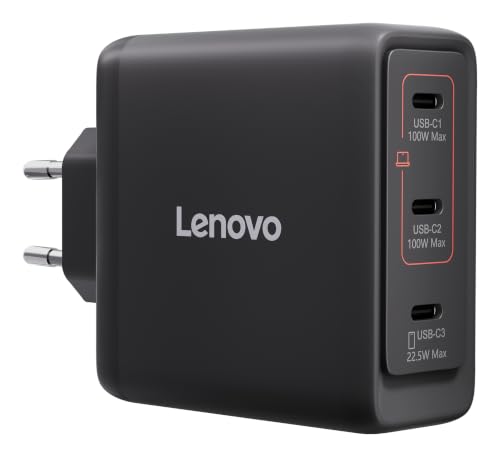 Lenovo GaN Chargeur Multi-Ports USB-C 100 W avec 3 Ports USB-C et Sortie jusqu'Ă 100 W ou 65 W + 20 W + 10 W pour Ordinateurs Portables et appareils Mobiles