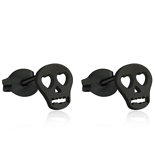 TGNEL Titanium Gothic Skull/Bat Earrings - Hypoallergenic Halloween Stud Earrings for Men & Women - Silver/Black