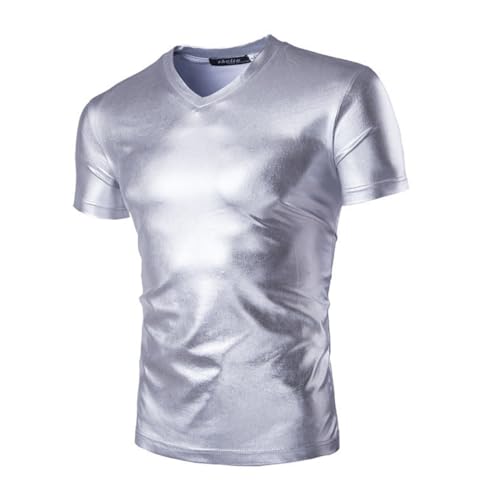 Camisetas Metálicas para Hombre, Camisetas De Túnica Brillantes De Manga Corta para Ropa De Club, Camiseta De Fiesta Sólida con Cuello En V, Blusa Superior Jerseys Informales De Ajuste Entallado