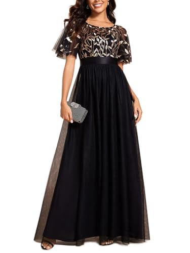 Ever-Pretty Women's Formal Dresses Crew Neck Sequin Ruffle Sleeve Empire Waist Beaded Long Evening Dresses 00904
